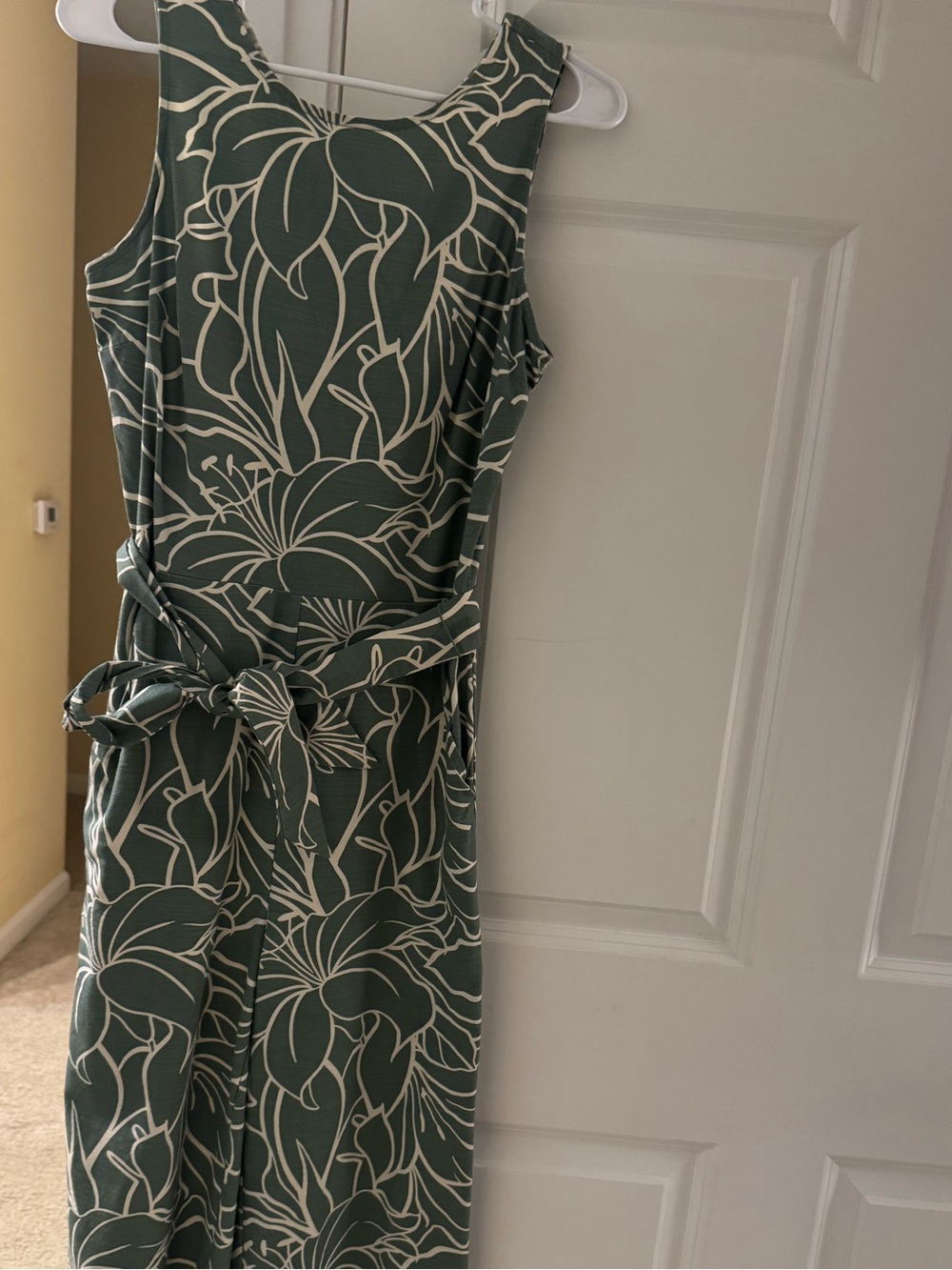 Ann Taylor Factory Green and White Floral Sleeveless Jumpsuit with Waist Tie